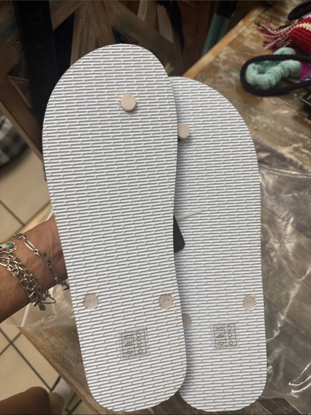 Armani Exchange White Flip Flops with Cream Straps and Navy Logo